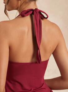 Hauture Halter Neck Drop Waist Tulip Pleated Skirt Dress - Red - View 2