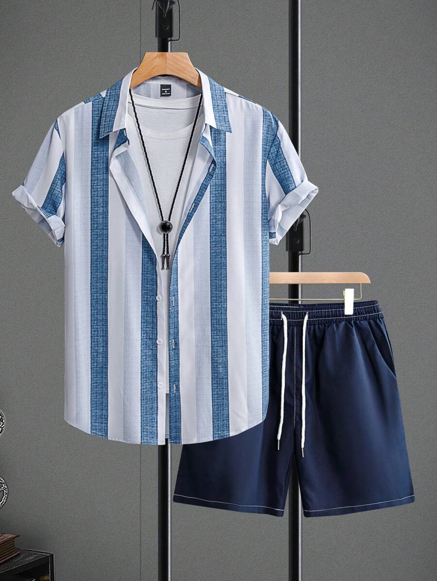 Manfinity Homme Set de 2 piezas de camisa de manga corta a rayas de color contrastante y pantalones cortos para hombres - Azul Marino - Ver 1