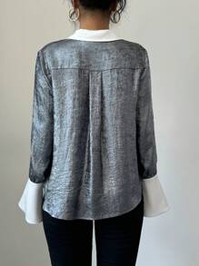 Calvaya Camisa larga holgada de manga larga con contraste de color metálico para mujer, de uso casual en otoño