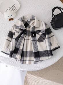 SHEIN Baby Girl Loose Casual Plaid Long Sleeve Shirt Collar Drop Shoulder Jacket, Suitable For Outdoor, Party And Other Occasions