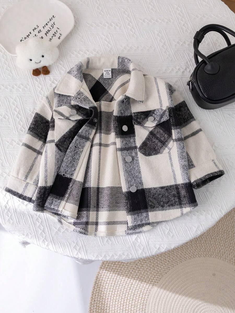 SHEIN Baby Girl Loose Casual Plaid Long Sleeve Shirt Collar Drop Shoulder Jacket, Suitable For Outdoor, Party And Other Occasions