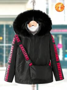 Tween Girls Black Hooded Padded Coat With Fluffy Collar & Sling Bag, Outdoor Winter Warm Coat - Black - View 4