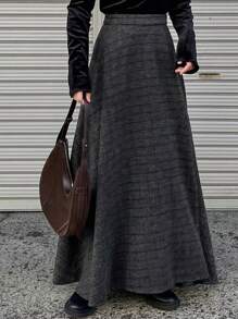 FRIFUL Women's Autumn/Winter Textured Plaid A-Line Skirt - Dark Grey - View 1
