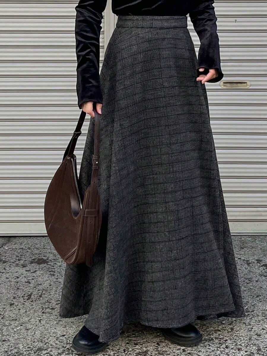 FRIFUL Women's Autumn/Winter Textured Plaid A-Line Skirt - Dark Grey - View 1