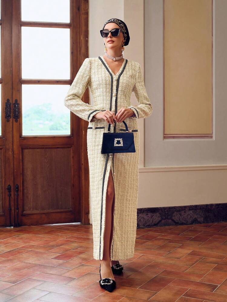 ZEYLAH TWEED CONTRAST TAPE TRIM PATCH POCKET SPLIT HEM LONG DRESS
