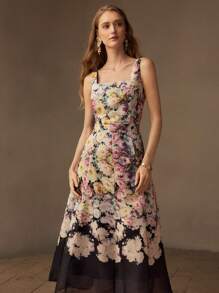 MOTF PREMIUM ORGANZA FLORAL PRINT SQUARE NECK FLARE HEM MIDI DRESS WITHOUT BELT, WOMEN OUTFIT