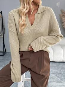 Chiquease Women's Solid Color Loose Drop Shoulder Crew Neck Sweater, Fall & Winter Knit Pullover