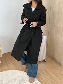 SHEIN EZwear Áo khoác dài tay đơn giản ấm áp giản dị cài nút màu trơn phía trước, mùa thu đông - màu đen - Xem 6