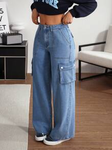 SHEIN EZwear Solid Color Loose Pocket Casual Classic Straight Leg Jeans - Light Wash - View 4