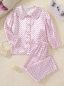 2pcs/Set Young Girl' Pearl Button Red Polka Dot Puff Sleeve Print Longsleeve Top And Pants Sleepwear Set