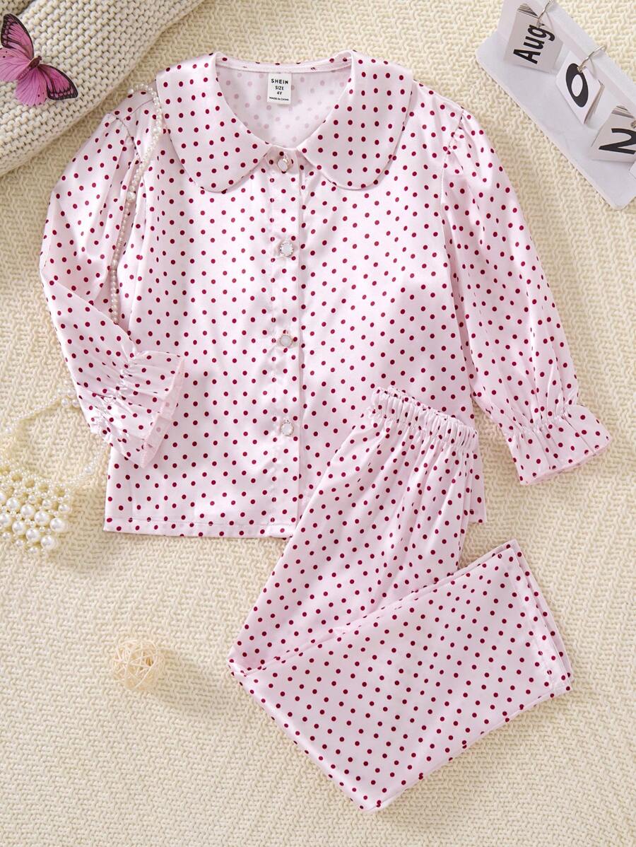 2pcs/Set Young Girl' Pearl Button Red Polka Dot Puff Sleeve Print Longsleeve Top And Pants Sleepwear Set