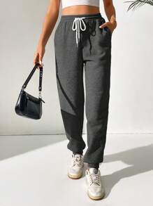 SHEIN Tall 女士纯色前系带口袋简约休闲运动裤 - 深灰色 - 查看 4