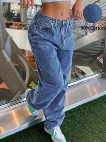 女士百搭休闲直筒牛仔裤，Y2K风格，四季皆宜 - 深色水洗藍 - 查看 4