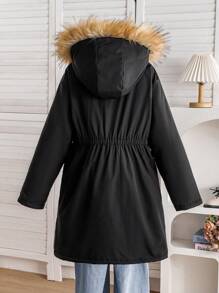 Tween Girls Hooded Fluffy Trim Casual Printed Cinched Waist Pockets Padded Windproof Jacket, Winter