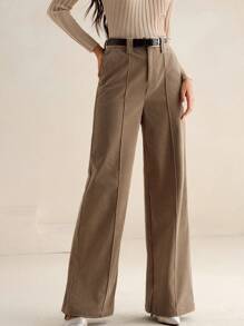 Quần ống đứng vải nhung kẻ dành cho nữ có thắt lưng - Màu Khaki - Xem 1