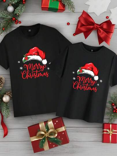 Manfinity Homme Sombrero de Papá Noel y camiseta de cuello redondo estampada con letra, estilo de pareja, de moda y casual para hombres