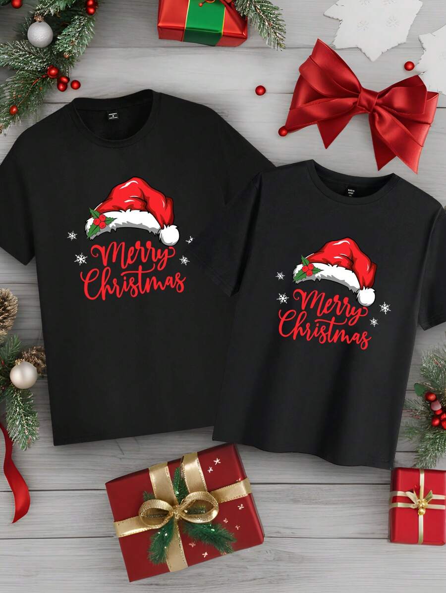 Manfinity Homme Fashionable Casual Christmas Santa Hat & Letter Print Couple Style Black Crew Neck T-Shirt For Men - Black - View 1