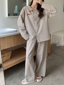 DAZY 纹理条纹面料面包印花长袖上衣和裤子睡衣套装，秋冬服装 - 咖啡棕 - 查看 5
