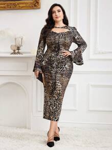 Modelyn Plus Size Leopard Print Keyhole Neckline Ruched Long Sleeve Dress Long Evening Dresses - Multicolor - View 8