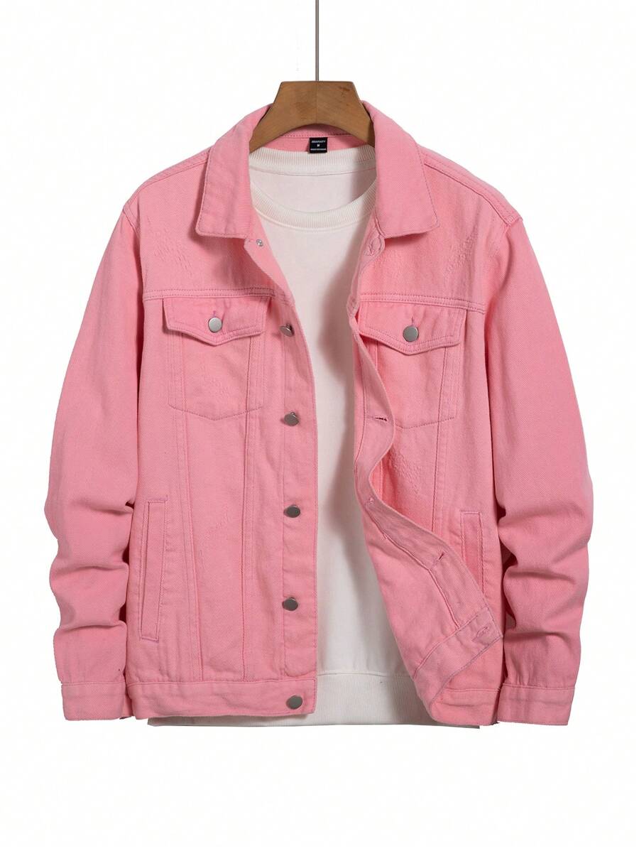 Manfinity Homme Áo khoác denim giản dị dáng rộng một hàng khuy cho nam, mùa thu - Hồng - Xem 1