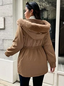 Calvaya Manteau rembourré casual pour femmes grandes tailles à manches longues, taille resserrée par cordon de serrage, doublure thermique, avec capuche pour l'automne et l'hiver
