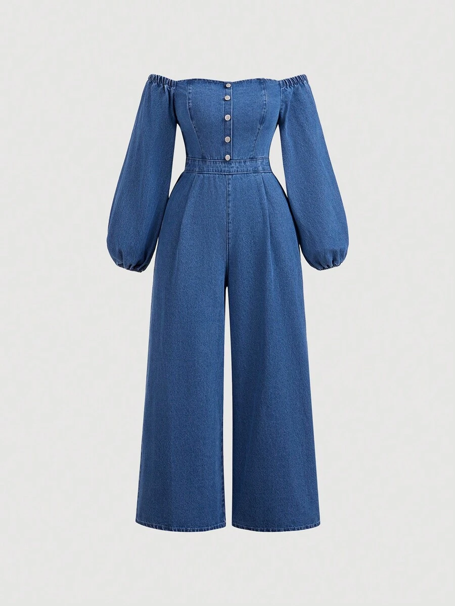 SHEIN MOD Plus Size Blue Denim Jumpsuit - Blue - View 1