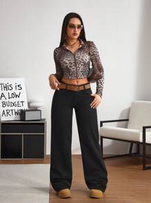 SHEIN Tall 女式休闲直筒牛仔裤，带斜口袋，秋季 - 黑色 - 查看 3