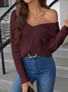 SHEIN Frenchy Suéter com Laço Contrastante de Renda Guipure, Detalhe Ilhós, Manga Longa