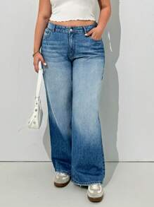 EURMUSE Plus High Waist Wash Detailed Straight Jean - Medium Wash - View 1