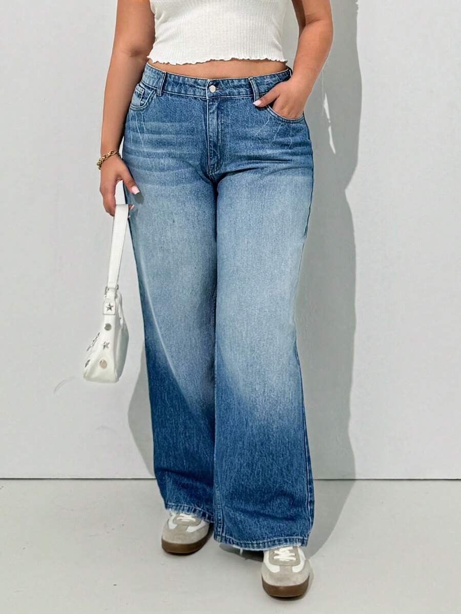 EURMUSE Plus High Waist Wash Detailed Straight Jean - Medium Wash - View 1