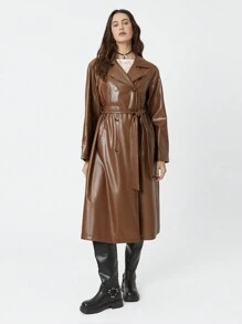 SHEIN EZwear Brown PU Leather Belted Notched Collar Mid-Length Trench Coat, Fall/Winter - Brown - View 4