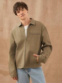 Men Premium Cotton Denim Zip Up Jacket - Brown - View 3