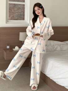 DAZY Winter Striped Textured Cute Bow Pattern Print Cardigan Pajamas Set,Back To School Clothes - Beige - View 7