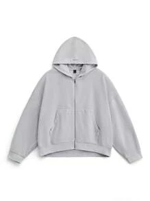 NEON BLANC Sudadera con capucha de manga corta raglán con logotipo bordado lavado, caja de punto, adecuada para otoño e invierno - Gris Claro - Ver 6