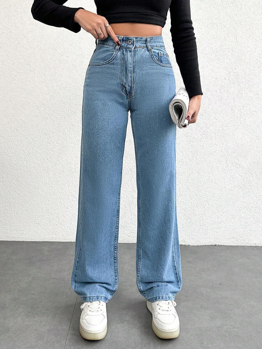 EURMUSE Solid Color Straight Leg Jeans ,Petite Women - Baby Blue - View 1