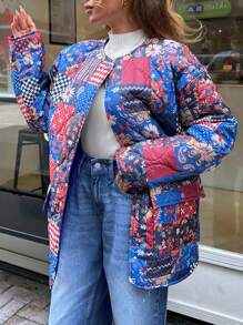EURMUSE Fashion Patchwork Printed Quilted Puffer Jacket - Multicolor - View 6