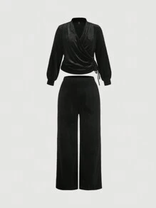 SHEIN MOD Plus Size Velvet Wrap V-Neck Straight Leg Pants Suit, 2pcs Set - Black - View 3