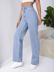 SHEIN Frenchy 高腰斜口袋男友宽松牛仔裤 - 淺色水洗藍 - 查看 4