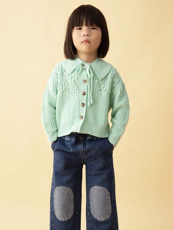 SHEIN Suéter casual cálido de manga larga con botones y cuello decorativo azul para niñas jóvenes