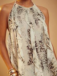 Hauture Women's Snake Print Layered Ruffle Hem Maxi Halter Neck Dress - Apricot - View 4