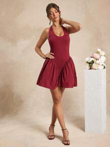 Hauture Halter Neck Drop Waist Tulip Pleated Skirt Dress - Red - View 4