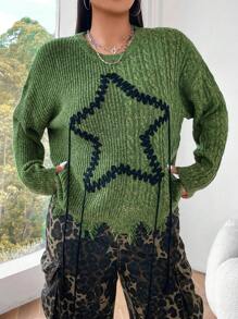 Flirla Plus Size Star Pattern Sweater Knit Pullover Fall Winter - Green - View 3