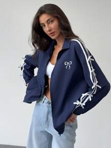 SHEIN Privé 大码舒适休闲日常街头运动芭蕾风格蝴蝶结衬衫海军蓝长袖轻便女式夹克 - 藏蓝色 - 查看 5