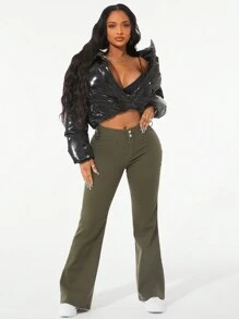 SHEIN Unity Solid Color Skinny Flare Leg Sexy Jeans - Army Green - View 6