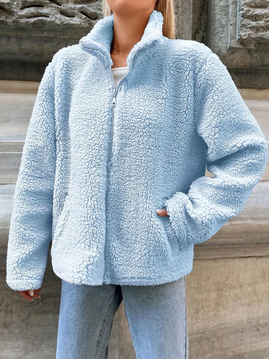 EURMUSE Ladies' Solid Color Zip-up Plush Jacket - Baby Blue - View 1