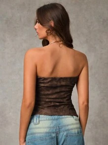 SHEIN BAE 棕色皮革外观 PU 褶皱抹胸上衣，女式秋季上衣，露肩上衣，性感女式上衣 - 咖啡棕 - 查看 2