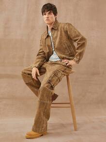 Manfinity NXTstreet Men Premium Cotton Zip Up Denim Jacket, Christmas - Brown - View 5