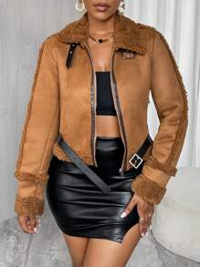 VaVaBold 女士可变领皮革纽扣拼接腰带仿麂皮短夹克 - 卡其色 - 查看 6