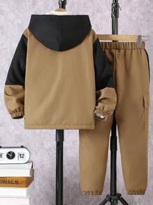 SHEIN 2pcs Tween Boy Workwear Thermal Patchwork Outdoor Fleece Jacket And Warm Pants Set, Autumn/Winter - Brown - View 2