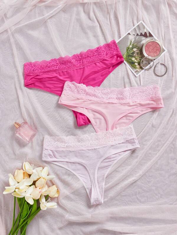 Shein Underwear&Sleepwear Basics 3pcs/Pack Plus Size Comfortable Lace Design Thong Panties